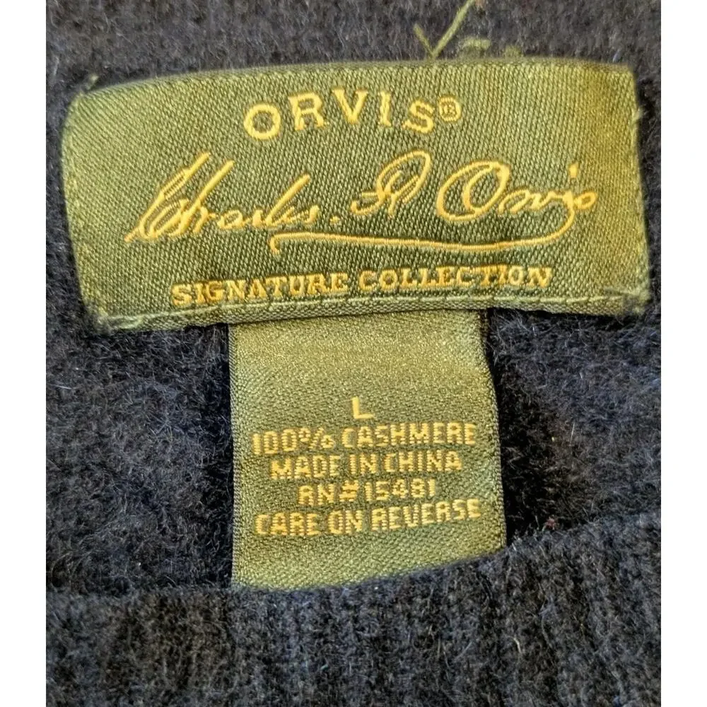 Orvis 100% Cashmere Sweater Mens L Navy Cable Knit Suede Elbow Patch Crewneck